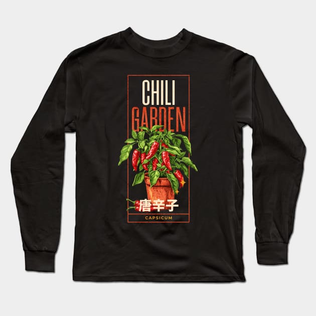 Chili garden design with a chili plant, CAPSICUM, chili fruits and japanese text japanese Typography orange style Long Sleeve T-Shirt by OurCCDesign